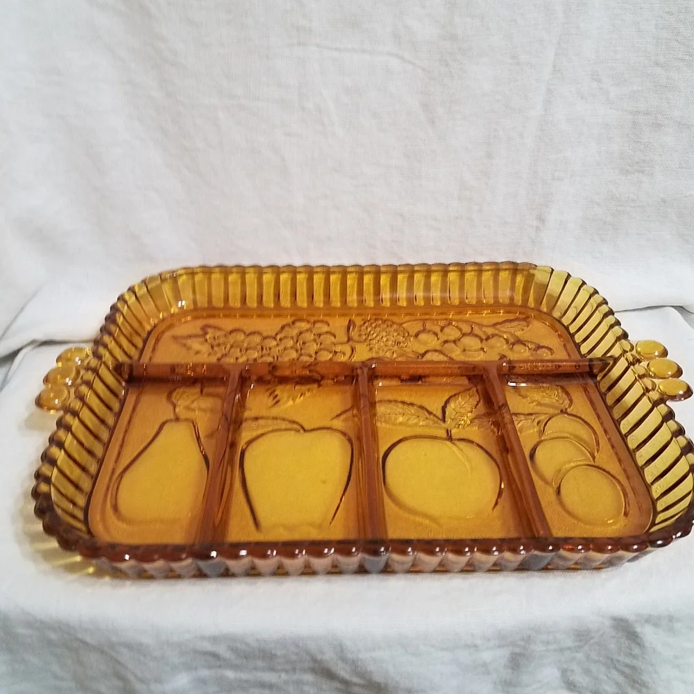 Indiana Amber Glass Divided Fruit Embossed Tray